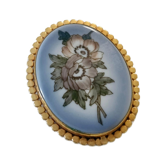 Vintage Hand Painted Floral Porcelain Brooch, B&G Copenhagen, 12k Gold Filled - Picture 1 of 10